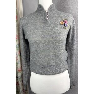 Vintage Country Craft Gray Floral Knit Sweater Cottagecore Grandma Chic Sz Small